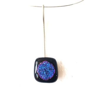Silver circle adjustable choker necklace with black / blue glass square pendant